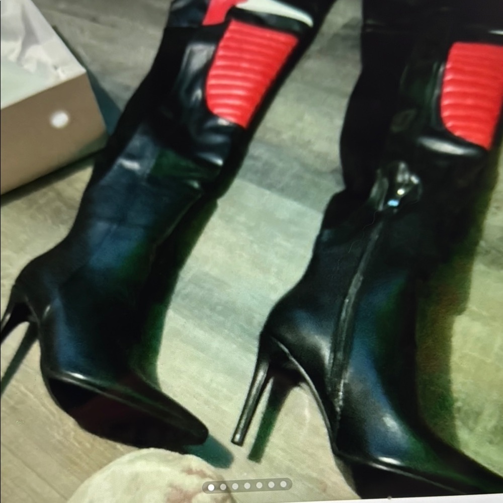 Fashion Nova Black and Red Over the Knee Boots